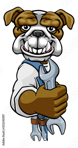 A bulldog cartoon animal mascot plumber, mechanic or handyman builder construction maintenance contractor peeking around a sign holding a spanner or wrench
