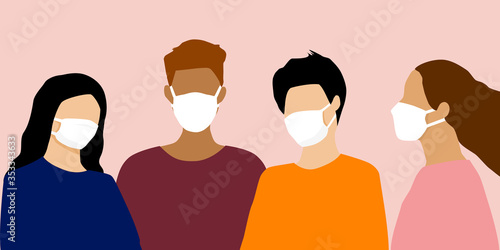 Flat style vector illustration of people wearing medical masks prevent corvid 19 ,air pollution and the risk of viral diseases. Healthcare and stay safe concept. 