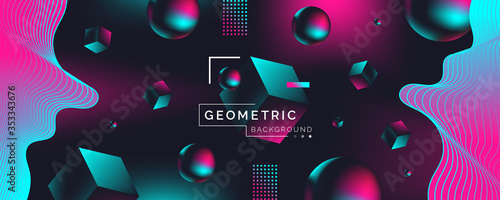 abstract  creative banner design with 3d geometric shapes dynamic waves on dark background