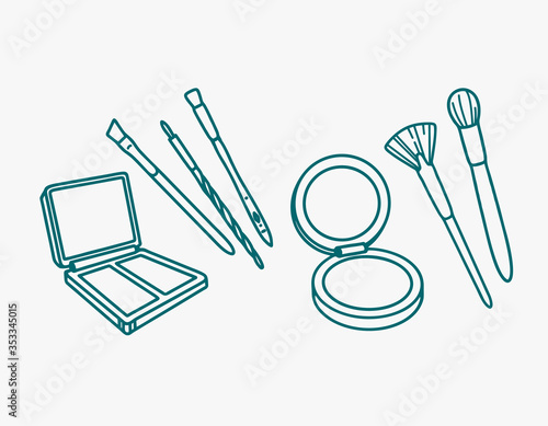 Hand drawn line vector icon set of makeup and cosmetics palette with brashes. Line art collection icon eyeshadow, highlighter, contour, bronzer, powder.