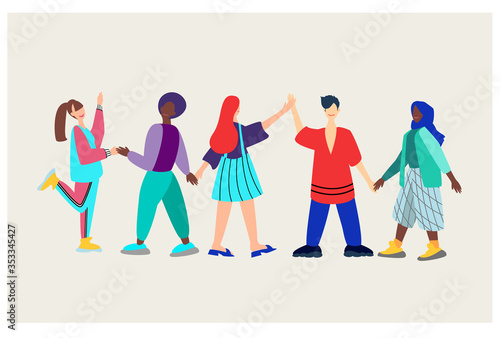 Young people of different nationalities hold hands.Lesbian, straight, gay, bisexual, polyamory.Flat vector illustration.