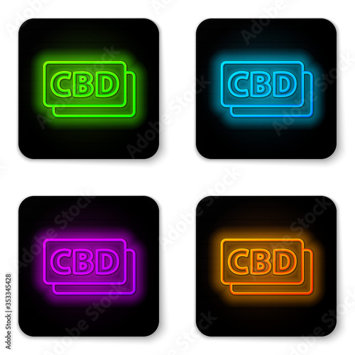 Glowing neon line Cannabis molecule icon isolated on white background. Cannabidiol molecular structures, THC and CBD formula. Marijuana sign. Black square button. Vector Illustration.