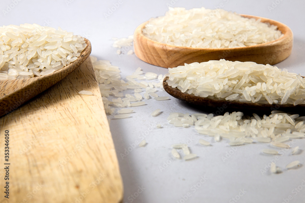 Raw white rice in spoon,close-up