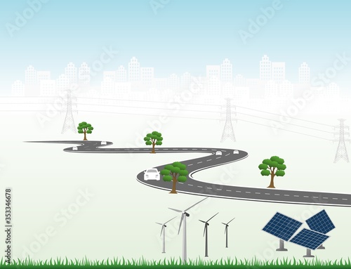 Wallpaper Mural Vector template infographic Timeline of business operations with flags and placeholders on curved roads. Innovation, for environment and society city that can live together. Symbols, steps for success Torontodigital.ca