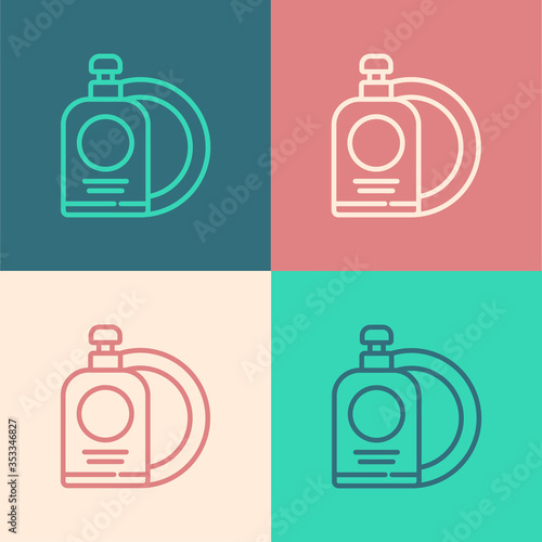 Pop art line Dishwashing liquid bottle and plate icon isolated on color background. Liquid detergent for washing dishes. Vector Illustration.