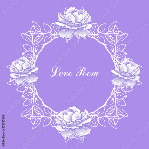 Art graphic card with round frame decorated rose flowers,