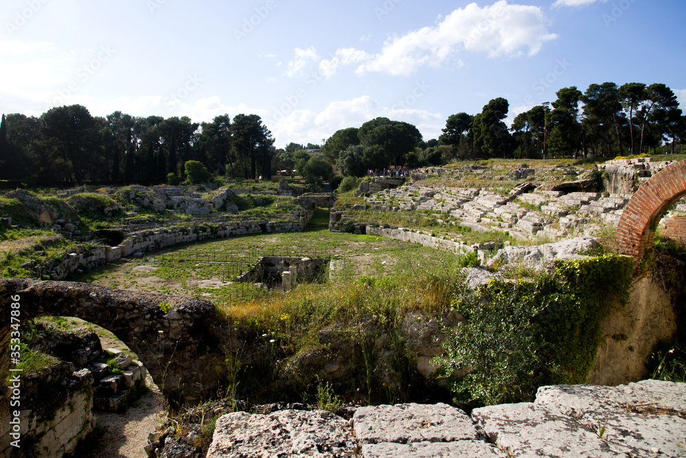 Italy  Sicily  Syracuse , 05 May 2019:  Archaeological Park of Neapolis, Roman amphitheater  