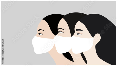 Women wearing face mask to protect from  COVID-19 prevention coronavirus disease outbreak  vector illustration. New normal concept background