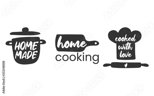 Set of hand drawn simple kitchen phrases - homemade,with love, home cooking, cooked with love. Badges, labels and logo elements, retro symbols for bakery shop, cooking club, cafe, or home cooking