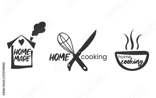 Set of hand drawn simple kitchen phrases - homemade,with love, home cooking, cooked with love. Badges, labels and logo elements, retro symbols for bakery shop, cooking club, cafe, or home cooking.