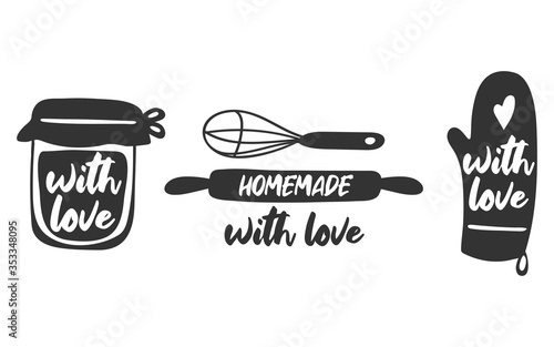 Set of hand drawn simple kitchen phrases - homemade,with love, home cooking, cooked with love. Badges, labels and logo elements, retro symbols for bakery shop, cooking club, cafe, or home cooking.