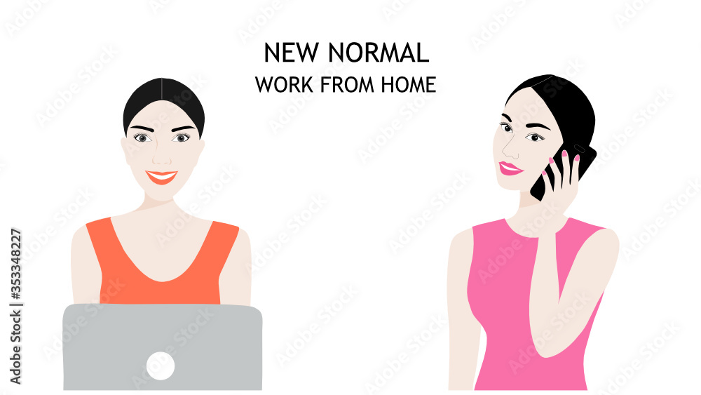 New normal work from home concept two women working on computer and mobile phone at home to prevention COVID-19 disease vector illustration New normal work from home concept two women working on computer and mobile phone at home to prevention COVID-19 disease vector illustration