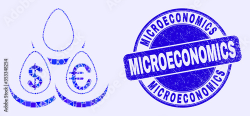 Geometric currency deposit eggs mosaic icon and Microeconomics seal stamp. Blue vector round textured seal stamp with Microeconomics message.