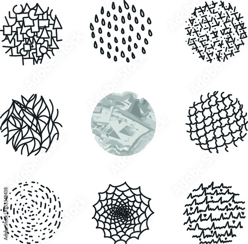 Circles texture, abstract vector illustration. Set of round texture brushes. Collection of paint brushes hand drawn