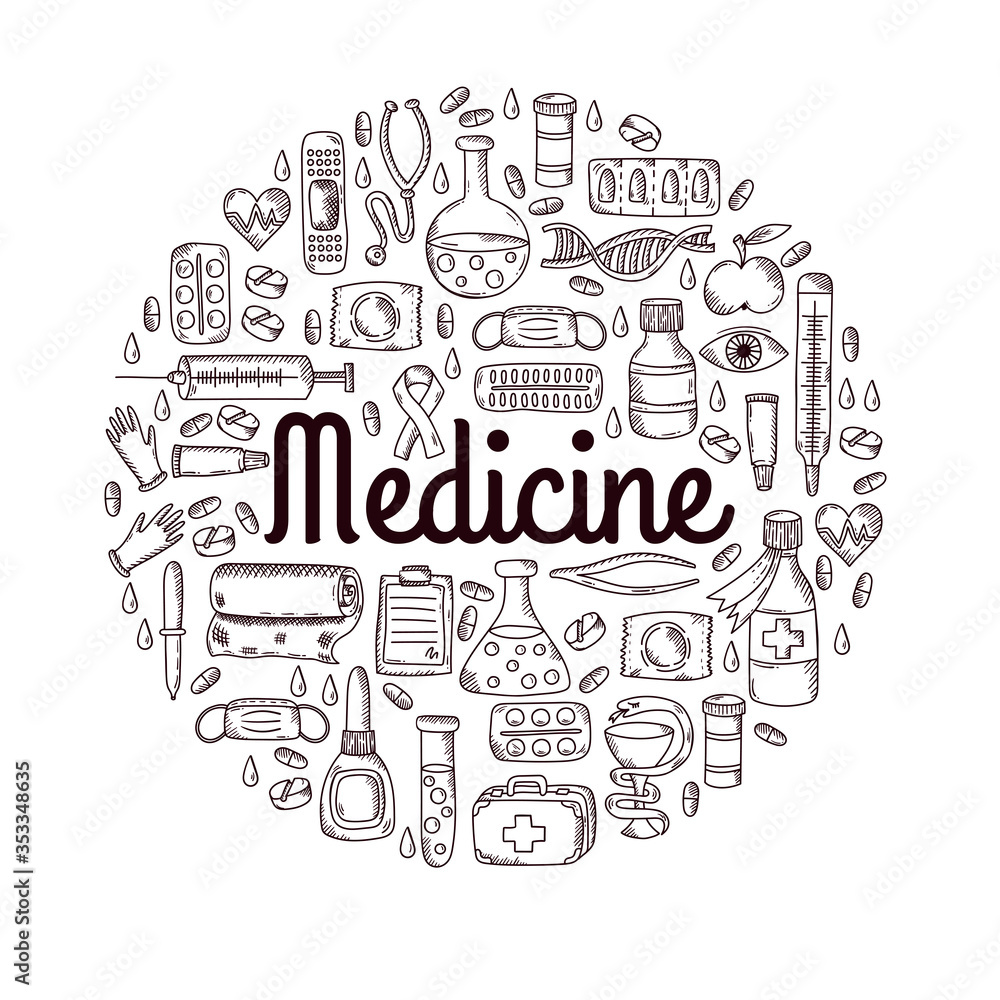 Medical doodle icons pills equipment vector set