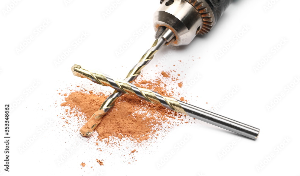 Brick dust and drill bit for bricklaying, drilling and construction with isolated on white background Brick dust and drill bit for bricklaying, drilling and construction with isolated on white background
