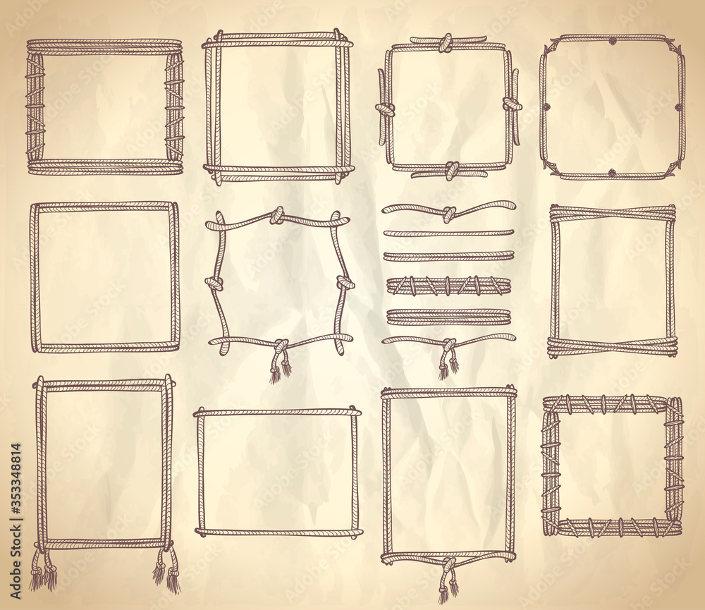 Simple doodle frames and dividers set, marine style with ropes and knots Simple doodle frames and dividers set, marine style with ropes and knots