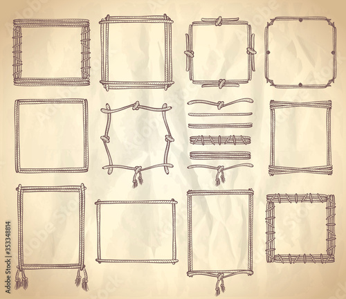 Simple doodle frames and dividers set, marine style with ropes and knots