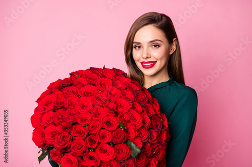 Photography Photo of charming lady red bright lipstick enjoy large hundred roses bouquet boy
