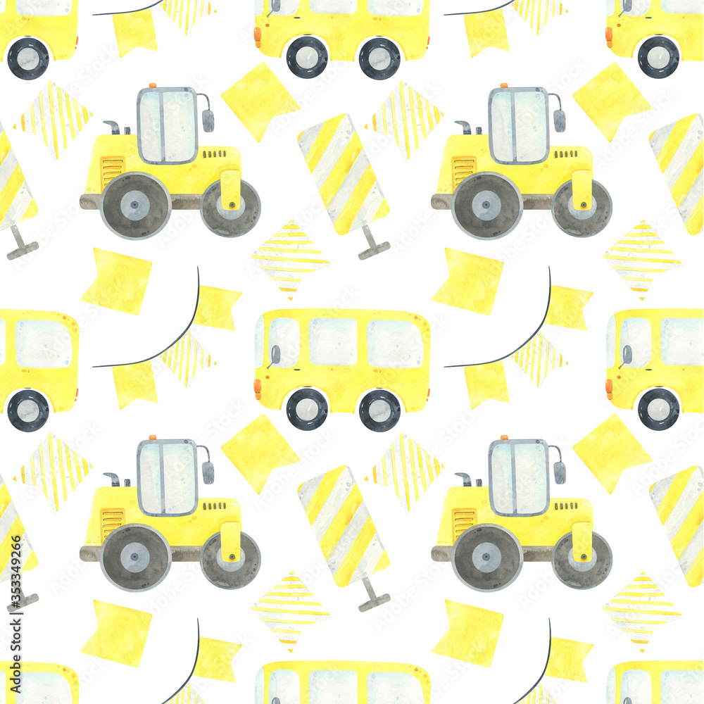 Construction Trucks and tractors seamless pattern, construction background. Funny construction equipment, machinery, vehicles, road and road signs. Road cone, bus, ice rink Construction Trucks and tractors seamless pattern, construction background. Funny construction equipment, machinery, vehicles, road and road signs. Road cone, bus, ice rink