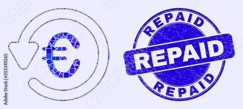Geometric euro chargeback mosaic icon and Repaid stamp. Blue vector rounded distress seal stamp with Repaid title. Abstract mosaic of euro chargeback constructed of spheric, triangles,