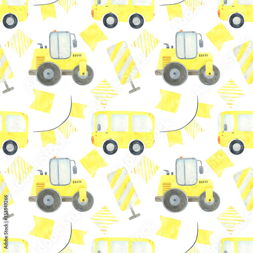 Construction Trucks and tractors seamless pattern, construction background. Funny construction equipment, machinery, vehicles, road and road signs. Road cone, bus, ice rink