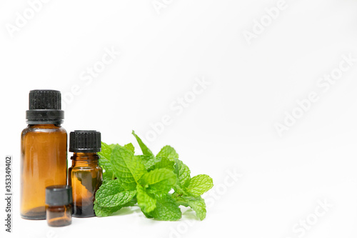 peppermint essential oil aroma therapy pure herb oil leaf dropper bottle with white background and copy space and mint plants