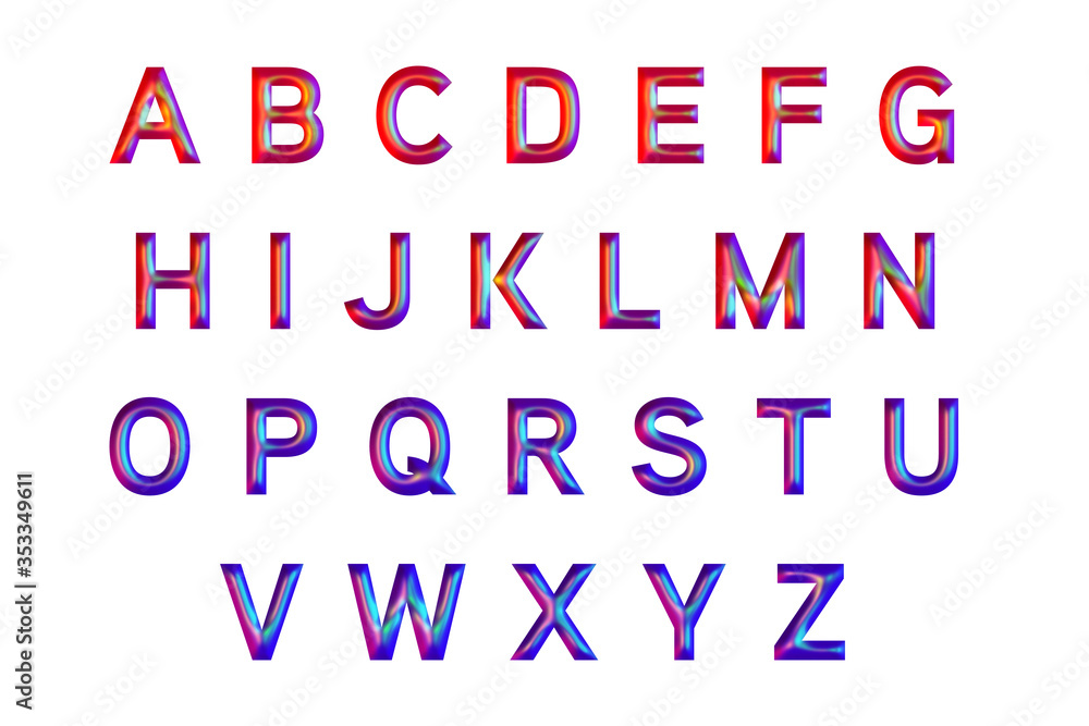 Alphabet set in glossy colours. 3D illustration. 