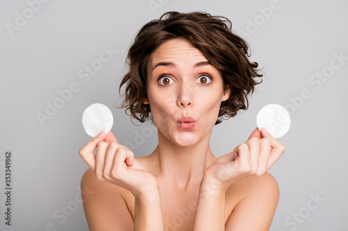 Quadro em tela Closeup photo of beautiful naked lady short bob hairdo hold two cotton disks pad