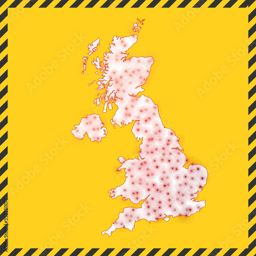United Kingdom closed - virus danger sign. Lockdown country icon. Black striped border around map with virus spread concept. Vector illustration.