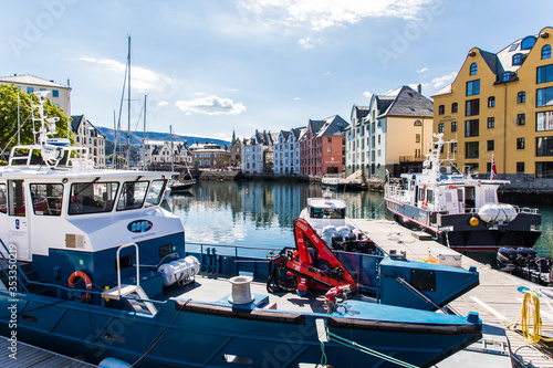 Billede på lærred Alesund, Norway - June 2019: Great summer view of Alesund port town on the west coast of Norway, at the entrance to the Geirangerfjord