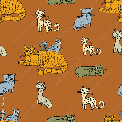 Seamless pattern with cats. Cats - sit, stand, lie.  Stock illustration. Design for wallpaper, fabric, textile, packaging.