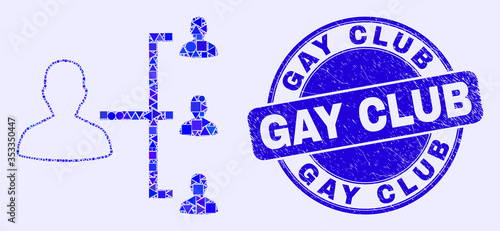 Geometric people hierarchy mosaic icon and Gay Club seal. Blue vector rounded distress seal stamp with Gay Club message. Abstract collage of people hierarchy organized of round, tringle,
