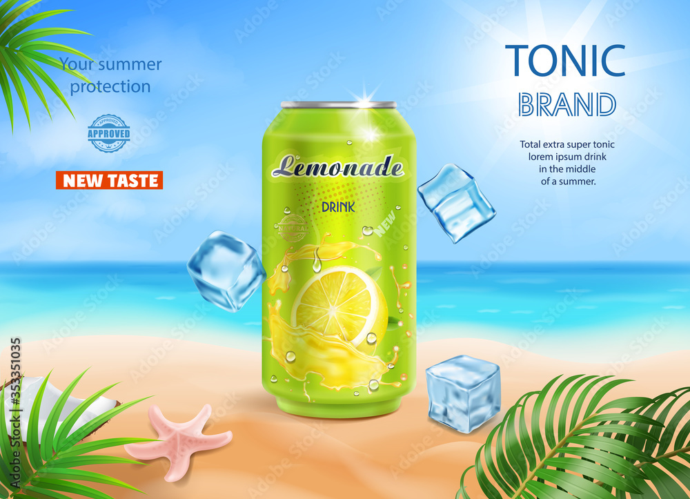 Refreshing soft drink ads aluminium can with lemon. Lemonade and ice cubes on tropical beach. Lemon tonic ocean and sand background