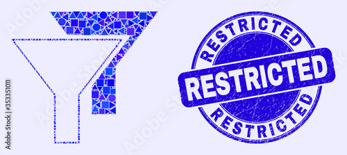 Geometric filters mosaic icon and Restricted seal stamp. Blue vector rounded textured seal stamp with Restricted title. Abstract collage of filters created of circle, triangles,