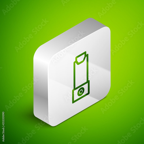 Isometric line Inhaler icon isolated on green background. Breather for cough relief, inhalation, allergic patient. Silver square button. Vector Illustration