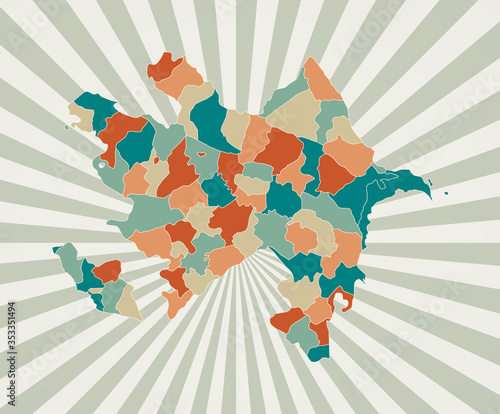 Azerbaijan map. Poster with map of the country in retro color palette. Shape of Azerbaijan with sunburst rays background. Vector illustration.