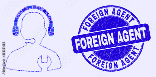 Geometric call center serviceman mosaic icon and Foreign Agent stamp. Blue vector round grunge seal stamp with Foreign Agent title. Abstract collage of call center serviceman organized of round,
