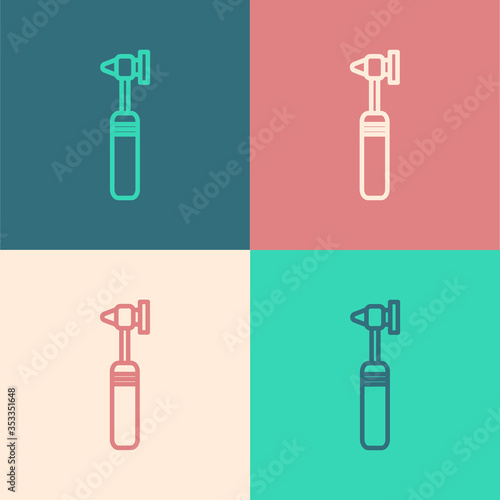 Pop art line Medical otoscope tool icon isolated on color background. Medical instrument. Vector Illustration