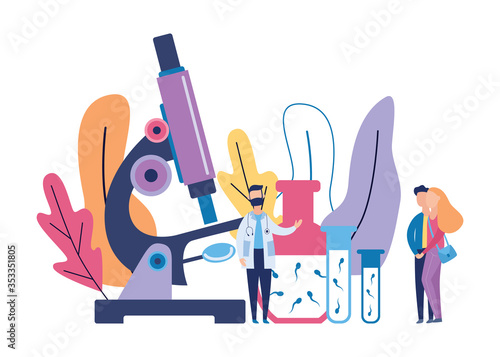 Sperm research banner - cartoon doctor and young couple standing near giant microscope