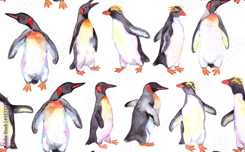 Penguins watercolor seamless pattern on white   background for wallpaper and baby textile