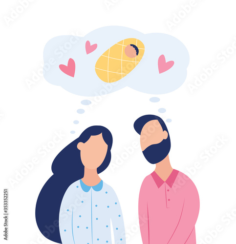 Couple dream about child, fertility treatment flat vector illustration isolated. photo