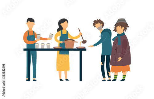Volunteers feed the poor, beggar and homeless people.