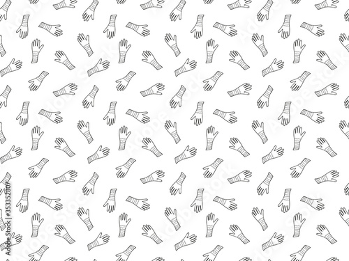 Seamless pattern of black outline gloves on a white background. Women s accessory  hand clothes decorated with stripes and waves. Trendy doodles and design elements. Endless texture. Vector.