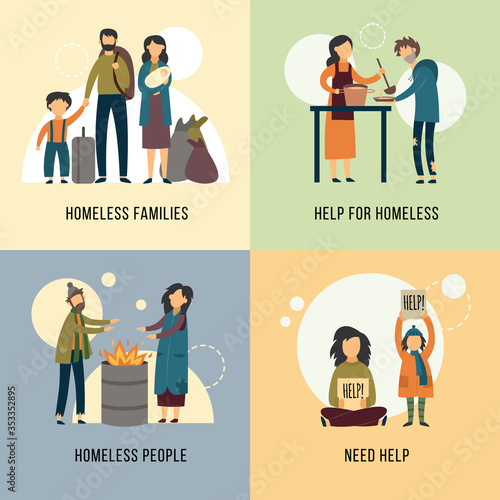 Help for homeless banners set with hungry beggars flat vector illustration.