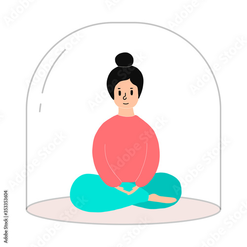 The concept of social distancing. vector illustration in flat style.The girl limited his personal space to communicating via a gadget due to health risks from the COVID-19 Coronavirus