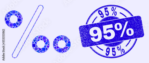 Geometric per mille mosaic icon and 95% seal stamp. Blue vector round grunge seal stamp with 95% caption. Abstract mosaic of per mille composed of round, tringle, square geometric elements.