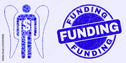 Geometric angel investor mosaic pictogram and Funding stamp. Blue vector round grunge seal stamp with Funding phrase. Abstract mosaic of angel investor constructed of round, tringle,