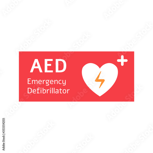 Automated external defibrillator red banner with white heart.