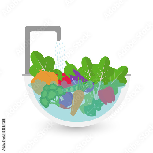 Clean vegetables and for cooking. Vegetables in water in bowl. Vector illustration.